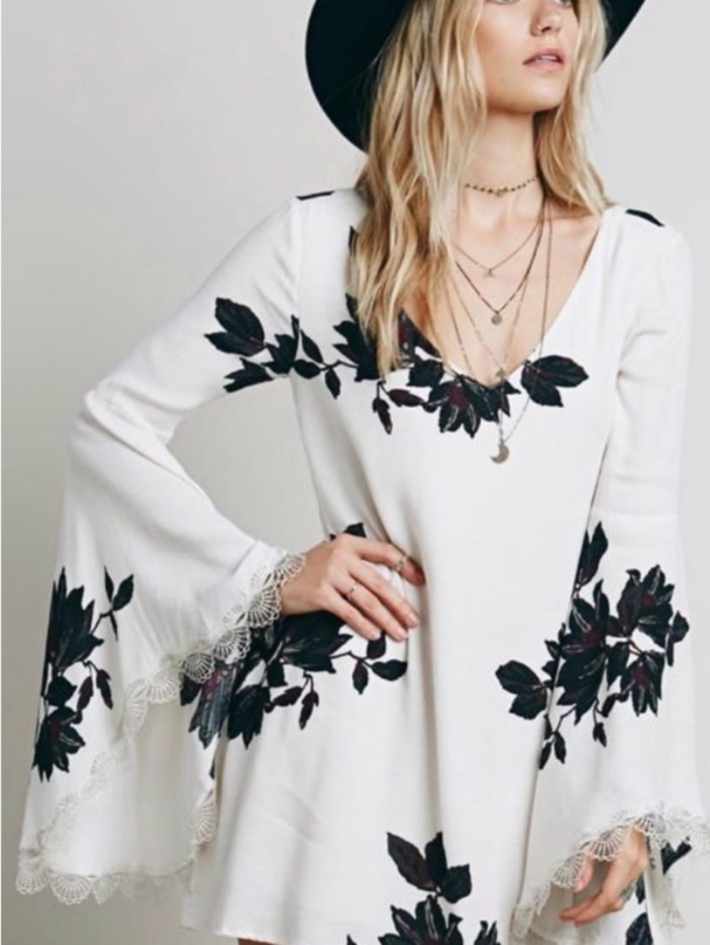 Free People White Mini Dress with Black Floral Print